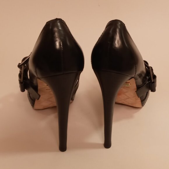 L.A.M.B. Black Leather Platform X Strap 5inch Stiletto heel size 8 - Picture 11 of 11